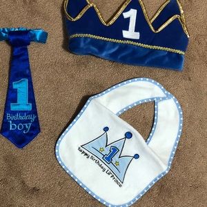 3-Piece Bundle First Birthday Boy Crown, Bib, Tie